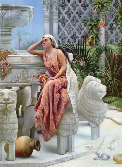 A Restful Moment by the Lion Fountain at the Alhambra, Spain by Margaret Murray Cookesley